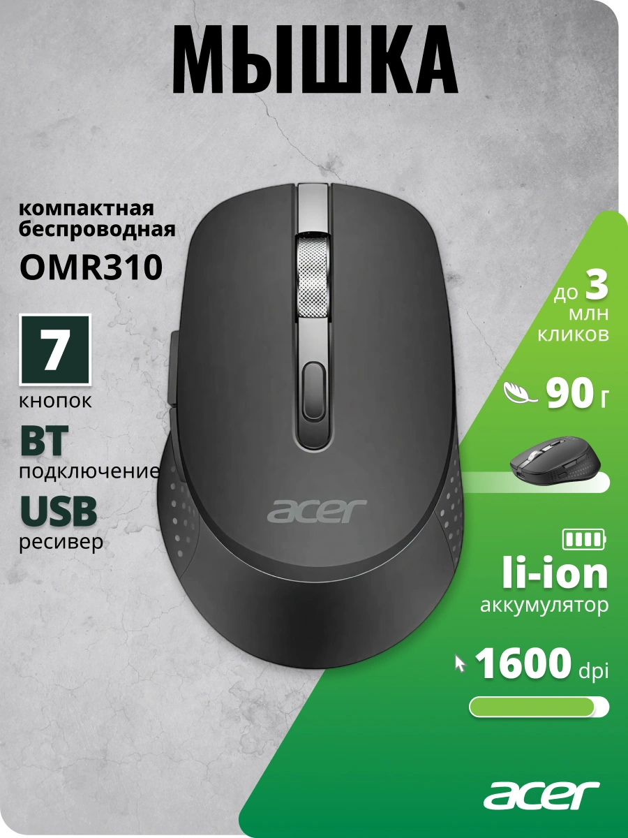 Мышь Acer OMR310 черный оптическая 1600dpi беспров. BT/Radio USB 7but (ZL.MCECC.031) — миниатюра 6