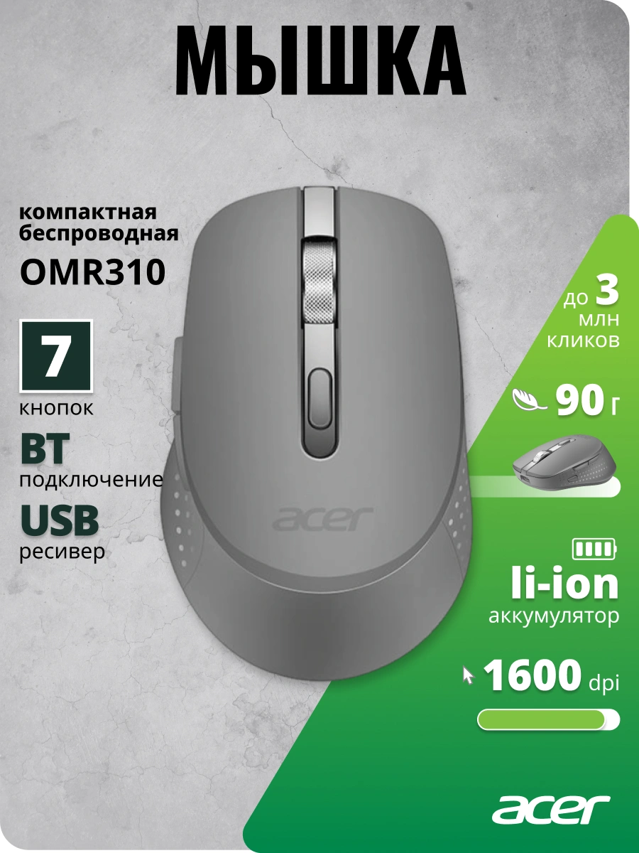 Мышь Acer OMR310 темно-серый оптическая 1600dpi беспров. BT/Radio USB 7but (ZL.MCECC.032) — миниатюра 5