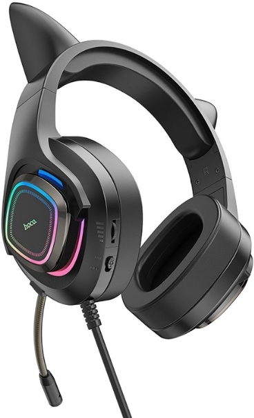 Наушники с микрофоном Hoco W107 Cute cat черный 2м мониторные USB оголовье (W107) — миниатюра 3