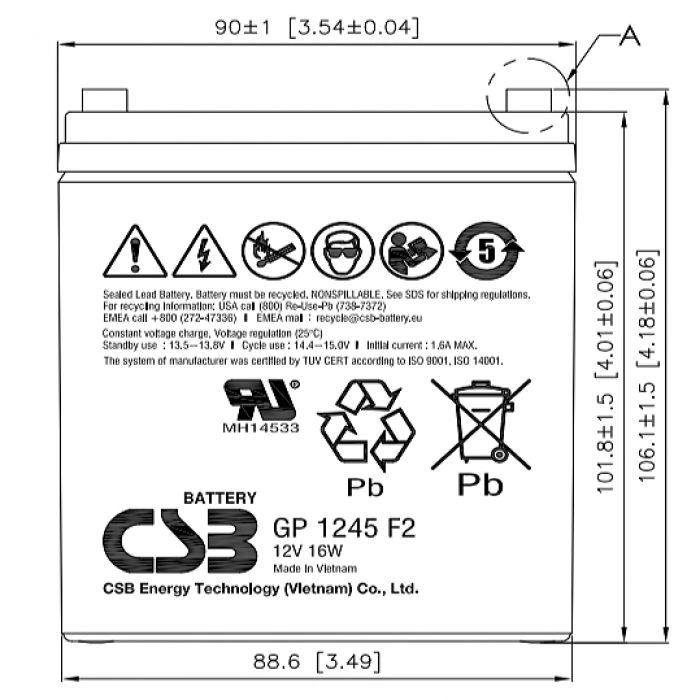 Батарея для ИБП CSB GP1245 (12V16W) 12В 4.5Ач — миниатюра 2
