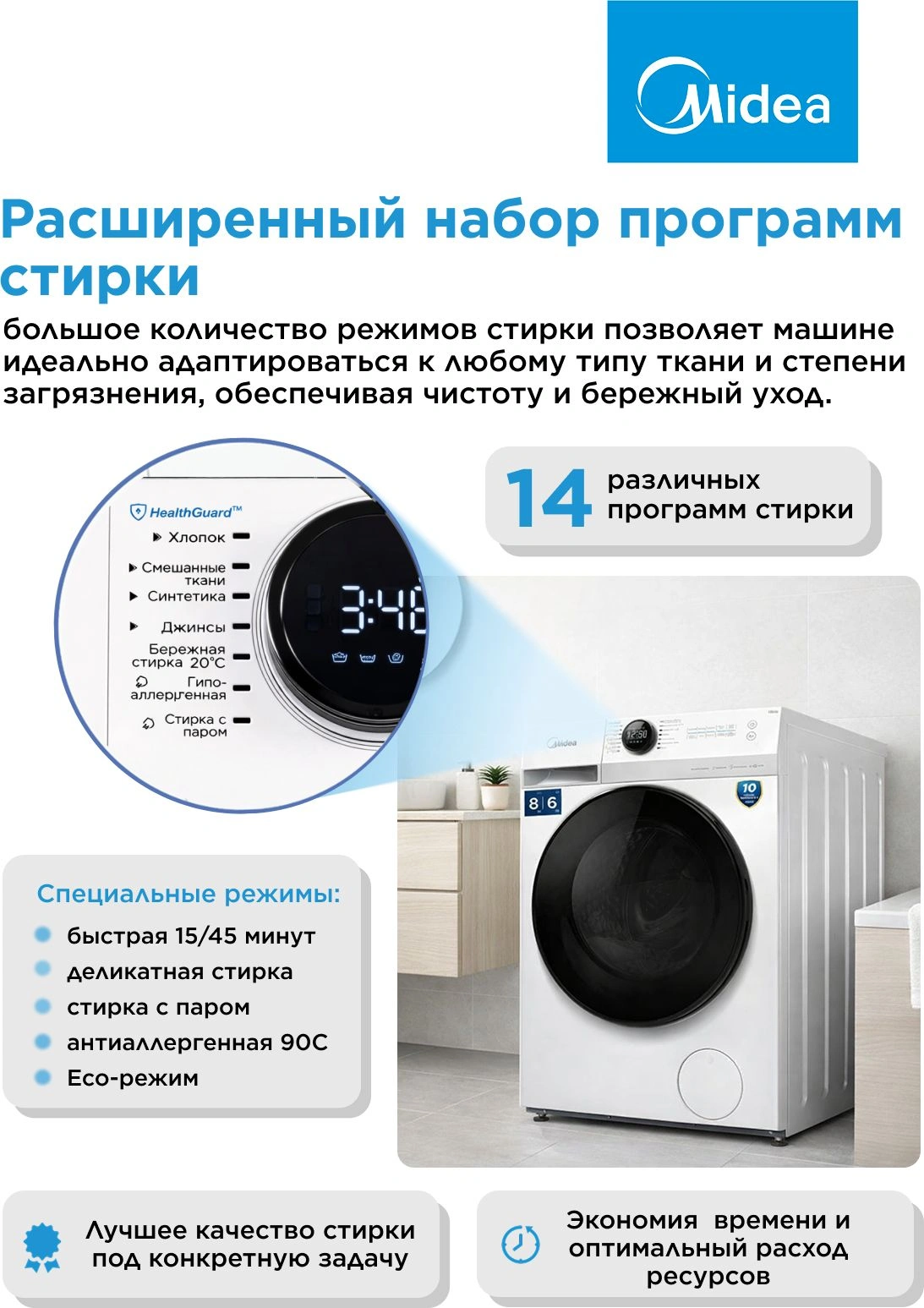 Стиральная машина Midea MF200D80WBS/W-RU класс: A загр.фронтальная макс.:8кг (с сушкой) белый инвертор — миниатюра 12