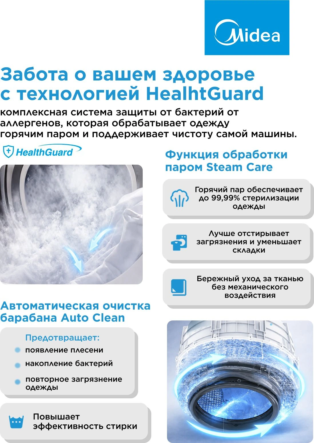 Стиральная машина Midea MF200D80WBS/W-RU класс: A загр.фронтальная макс.:8кг (с сушкой) белый инвертор — миниатюра 13