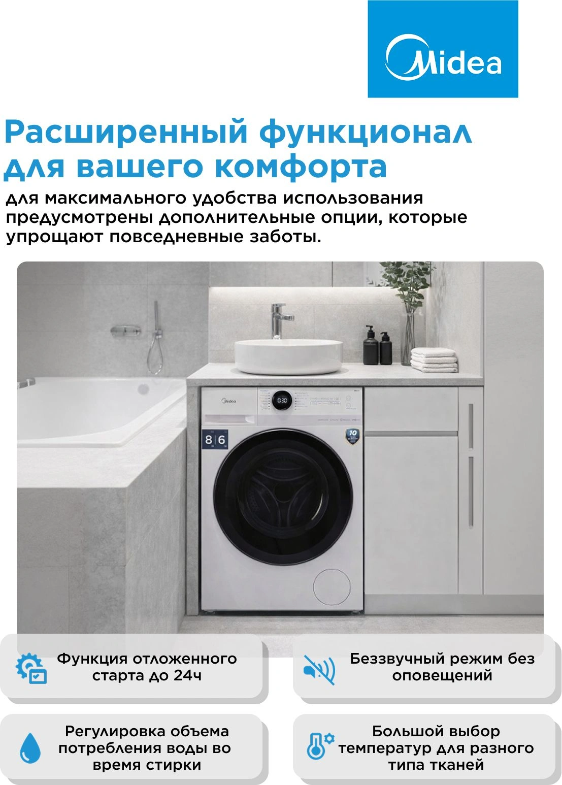Стиральная машина Midea MF200D80WBS/W-RU класс: A загр.фронтальная макс.:8кг (с сушкой) белый инвертор — миниатюра 16