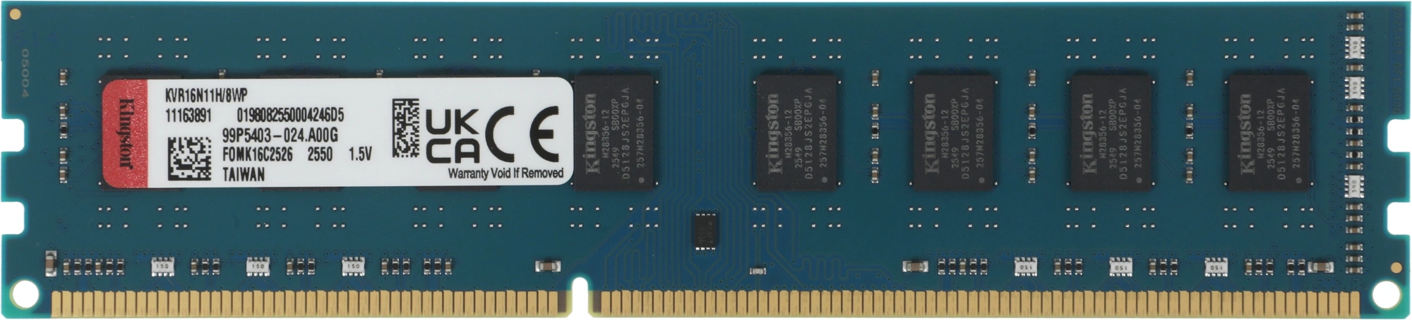 Память DDR3 8GB 1600MHz Kingston KVR16N11H/8WP Valueram RTL PC3-12800 CL11 DIMM UDIMM 240-pin 1.45В dual rank Ret — фото 1