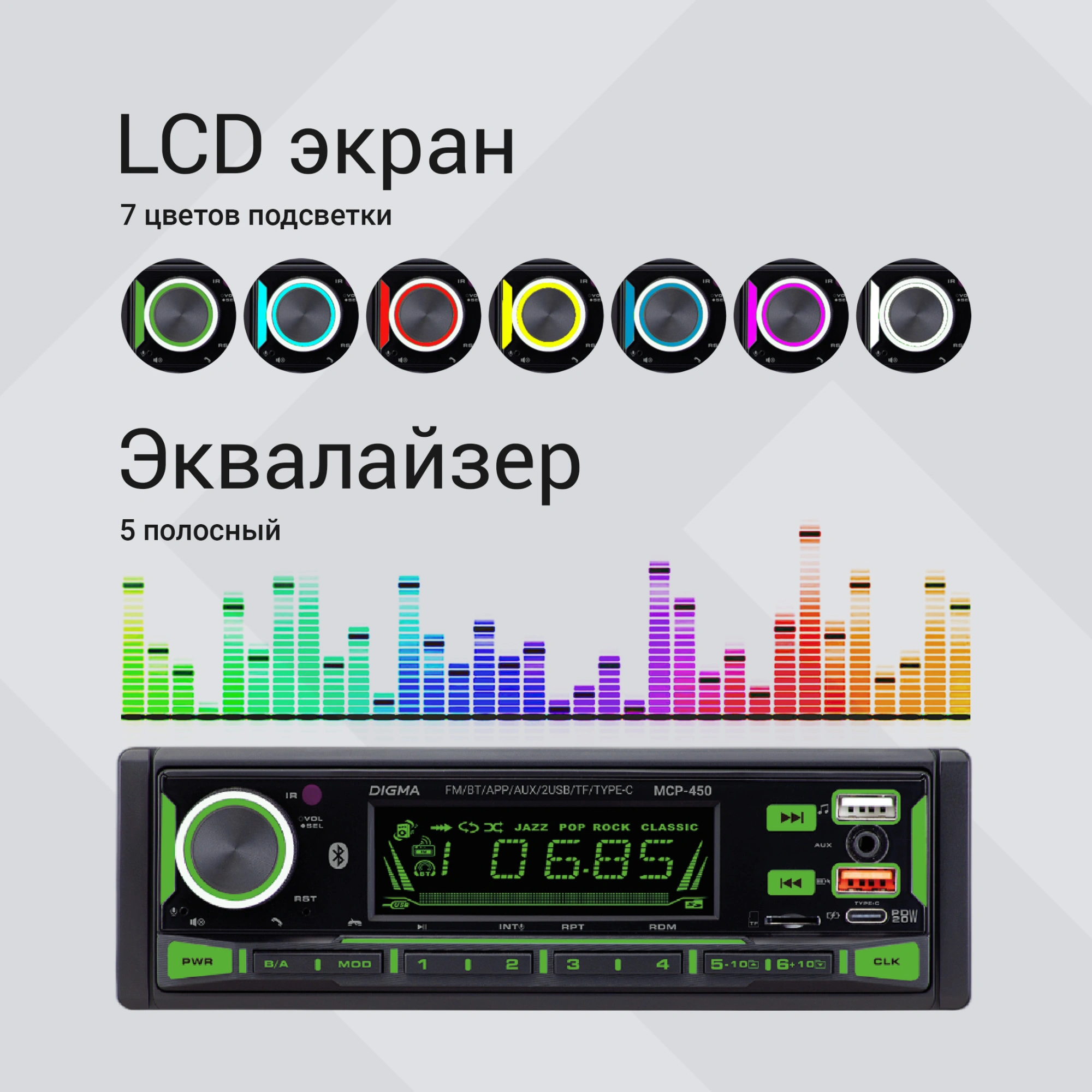 Автомагнитола Digma MCP-450 1DIN 4x45Вт v5.0 USB 2.0 AUX 4 ПДУ — миниатюра 14