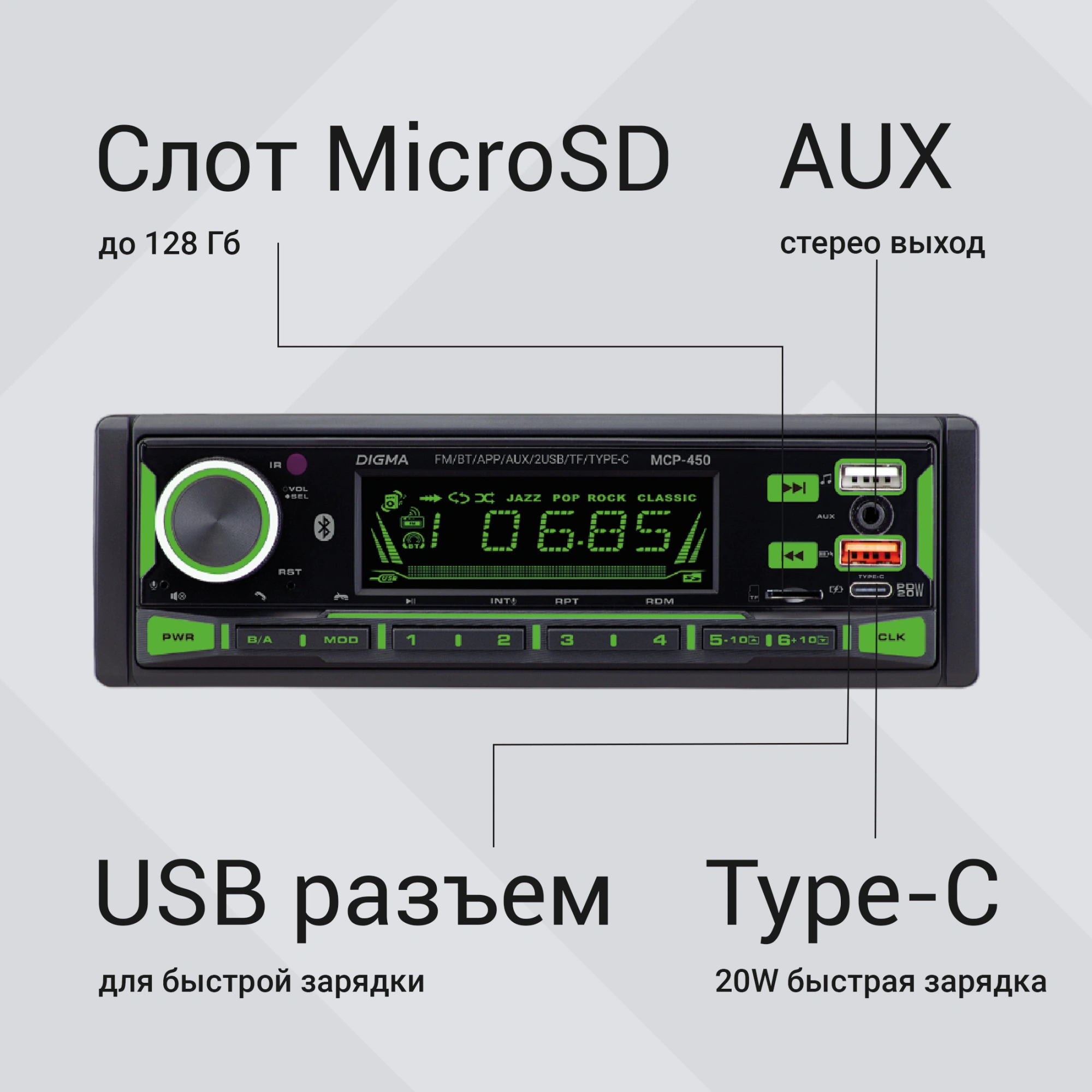 Автомагнитола Digma MCP-450 1DIN 4x45Вт v5.0 USB 2.0 AUX 4 ПДУ — миниатюра 15