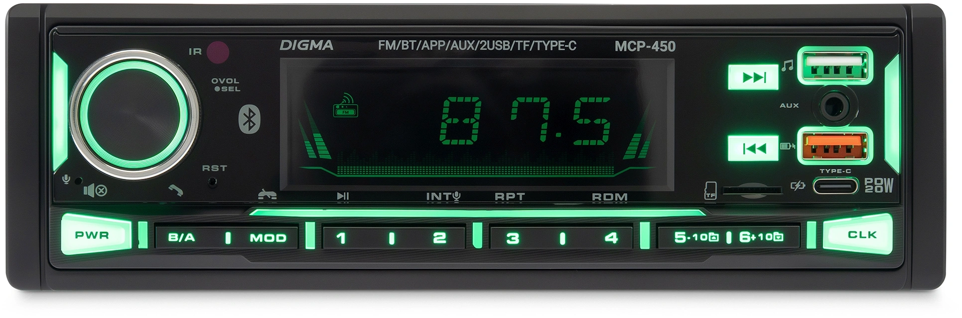 Автомагнитола Digma MCP-450 1DIN 4x45Вт v5.0 USB 2.0 AUX 4 ПДУ — миниатюра 2