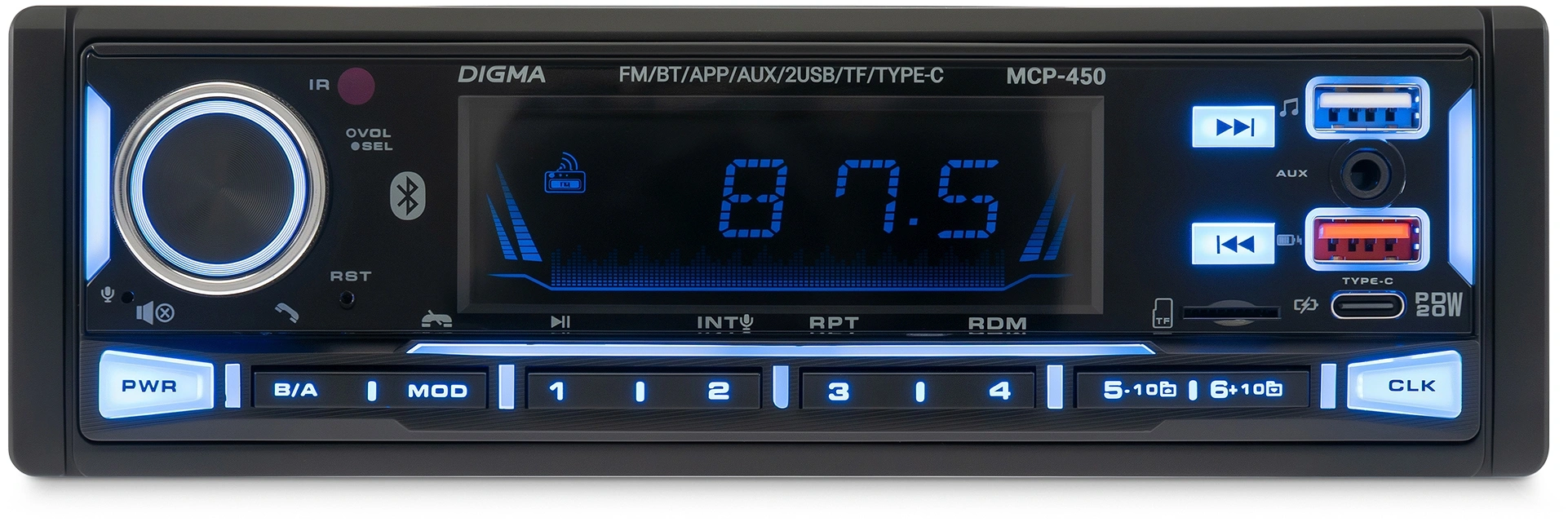 Автомагнитола Digma MCP-450 1DIN 4x45Вт v5.0 USB 2.0 AUX 4 ПДУ — миниатюра 3