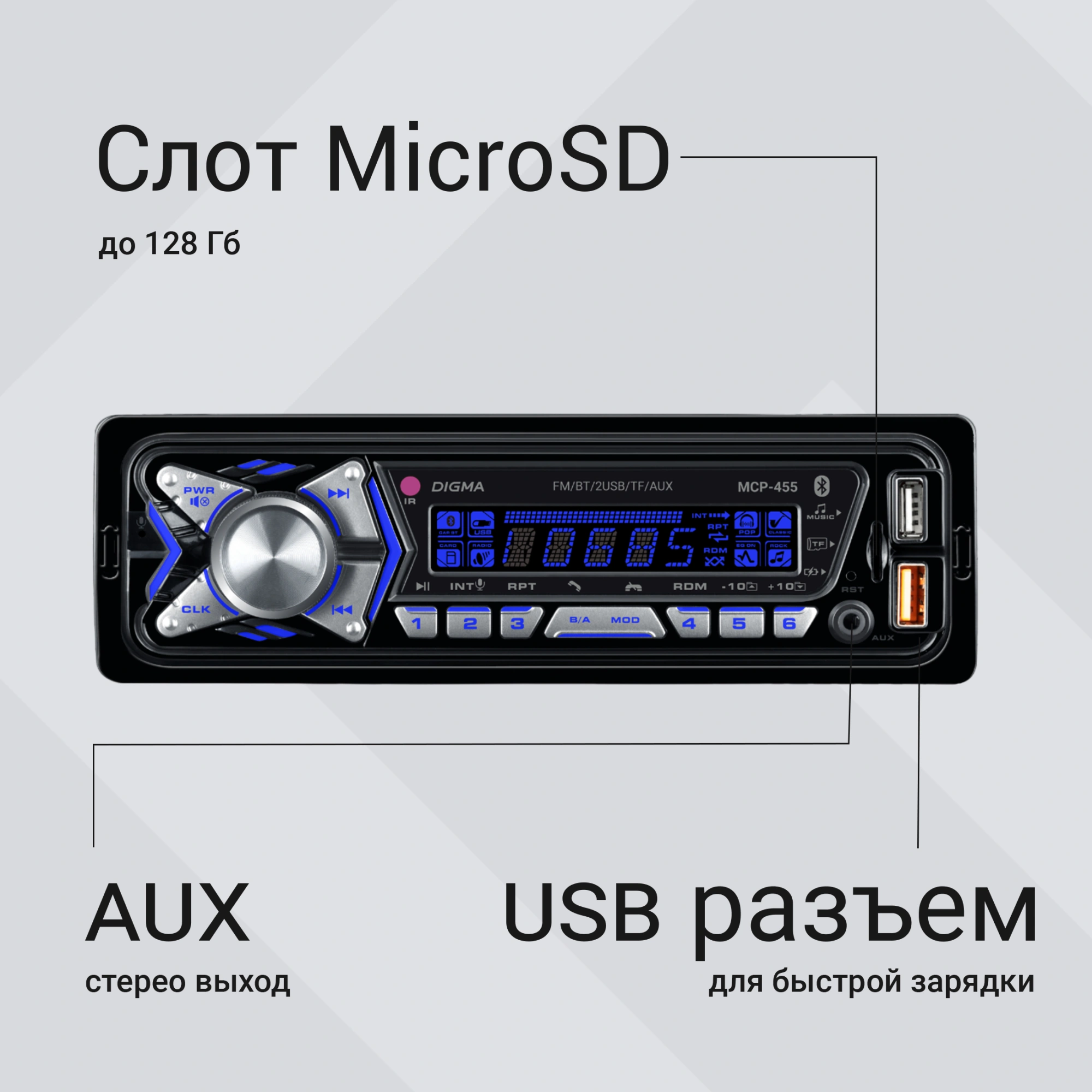 Автомагнитола Digma MCP-455 1DIN 4x50Вт v5.0 USB 2.0 AUX 4 ПДУ — миниатюра 21