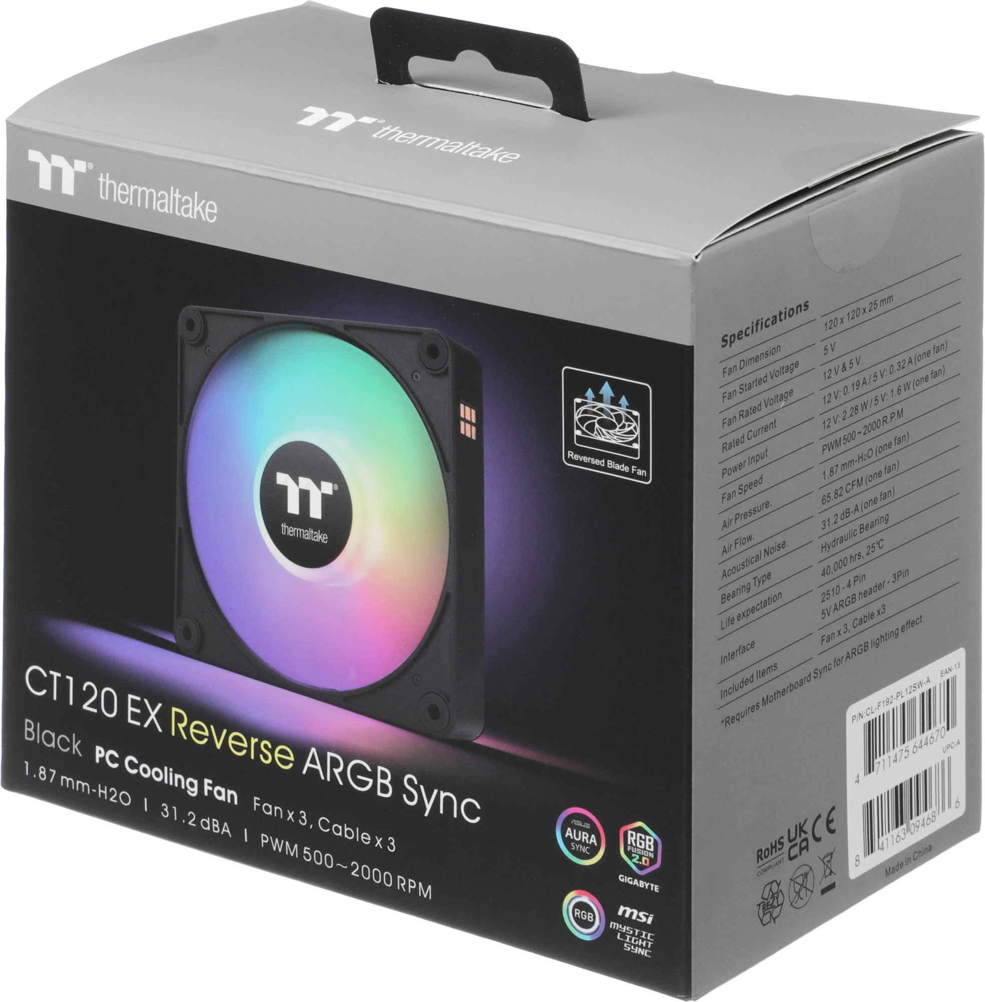 Вентилятор для корпуса Thermaltake CT120 EX Sync Reverse ARGB 120х120x25 черный 4-pin 31.2дБ (упак.:3шт) (CL-F192-PL12SW-A) Ret — миниатюра 5