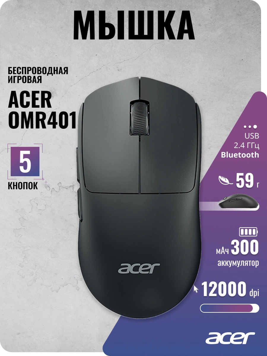 Мышь Acer OMR401 черный оптическая 12000dpi беспров. BT/Radio USB 5but (ZL.MCECC.05C) — миниатюра 5