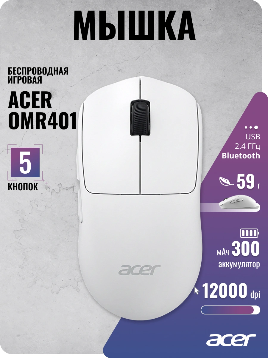 Мышь Acer OMR401 белый оптическая 12000dpi беспров. BT/Radio USB 5but (ZL.MCECC.05D) — миниатюра 5
