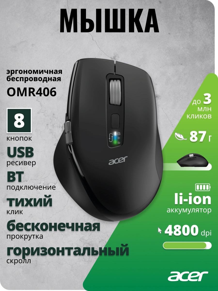 Мышь Acer OMR406 черный оптическая 4800dpi беспров. BT/Radio USB 8but (ZL.MCEEE.02W) — миниатюра 7
