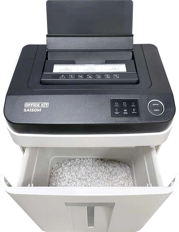 Шредер Office Kit SA150M (1,9х15) белый/черный с автоподачей (секр.P-5) фрагменты 8лист. 22лтр. скобы — миниатюра 5