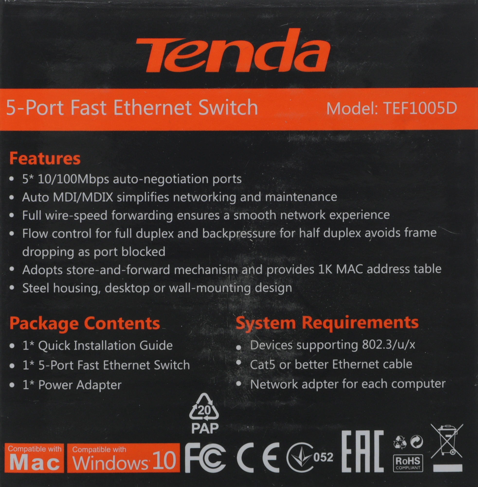 Коммутатор Tenda TEF1005D (L2) 5x100Мбит/с неуправляемый — миниатюра 11