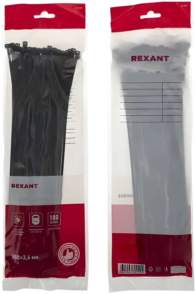 Стяжка пластиковая Rexant 07-0301 300x3.6мм (упак:100шт) нейлон внешний (-30/+80) черный — миниатюра 2