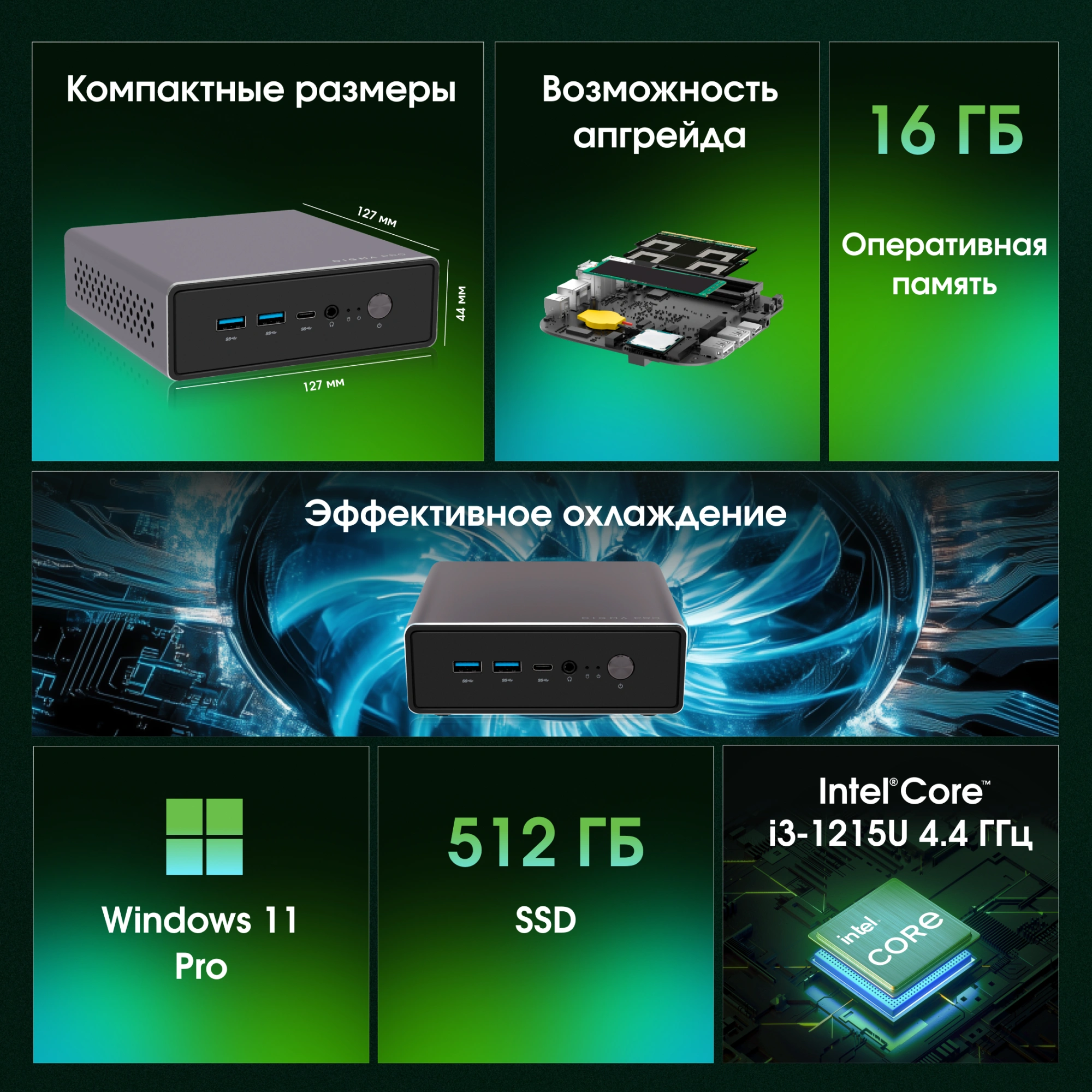 Неттоп Digma Pro Minimax U1 i3 1215U (1.2) 16Gb SSD512Gb UHDG Windows 11 Pro GbitEth WiFi BT 60W темно-серый/черный (DPP3-ADXW03) — миниатюра 6
