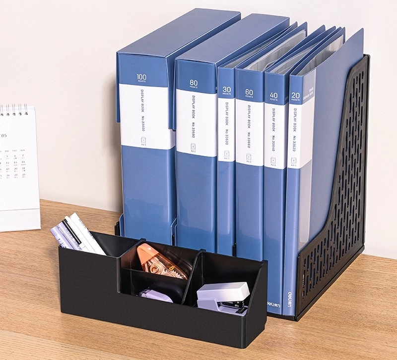 Лоток вертикальный Deli E9847 BLACK 3отд. сборный для бумаг 253x320x275мм черный пластик пластиковый пакет — миниатюра 4