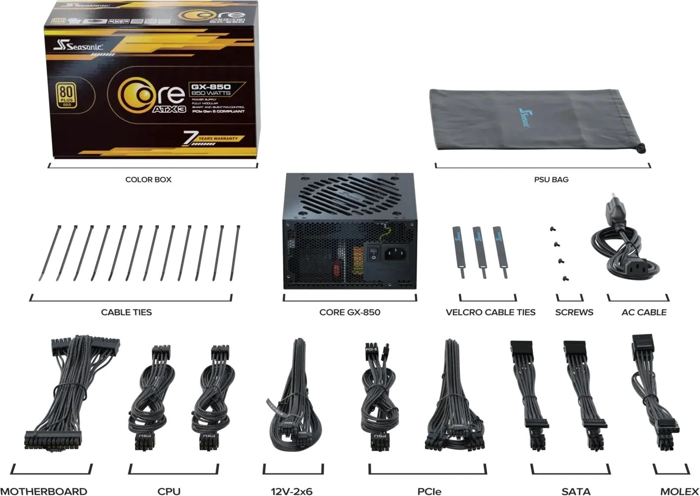 Блок питания Seasonic ATX 850W Core GX-850 80+ gold (20+4pin) APFC 120mm fan 6xSATA Cab Manag RTL — миниатюра 8