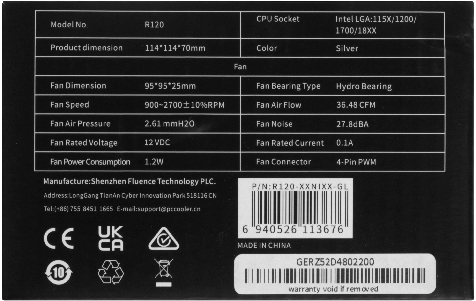 Устройство охлаждения(кулер) PcCooler R120 Soc-1200/1700/1851 серебристый 4-pin 27.8dB Al 95W 191gr Ret (R120-XXNIXX-GL) — миниатюра 8