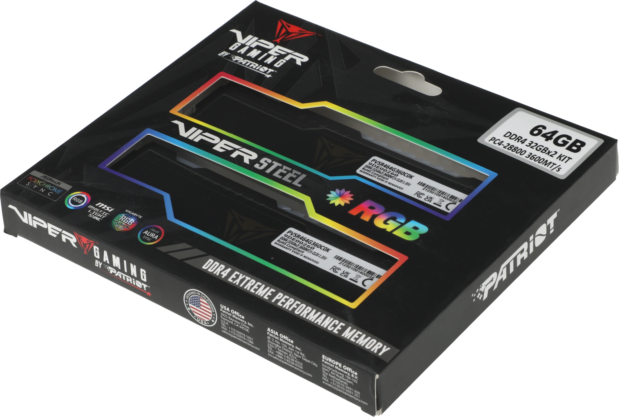 Память DDR4 2x32GB 3600MHz Patriot PVSR464G360C0K Viper Steel RGB RTL Gaming PC4-28800 CL20 DIMM UDIMM 288-pin 1.35В dual rank с радиатором Ret — миниатюра 9