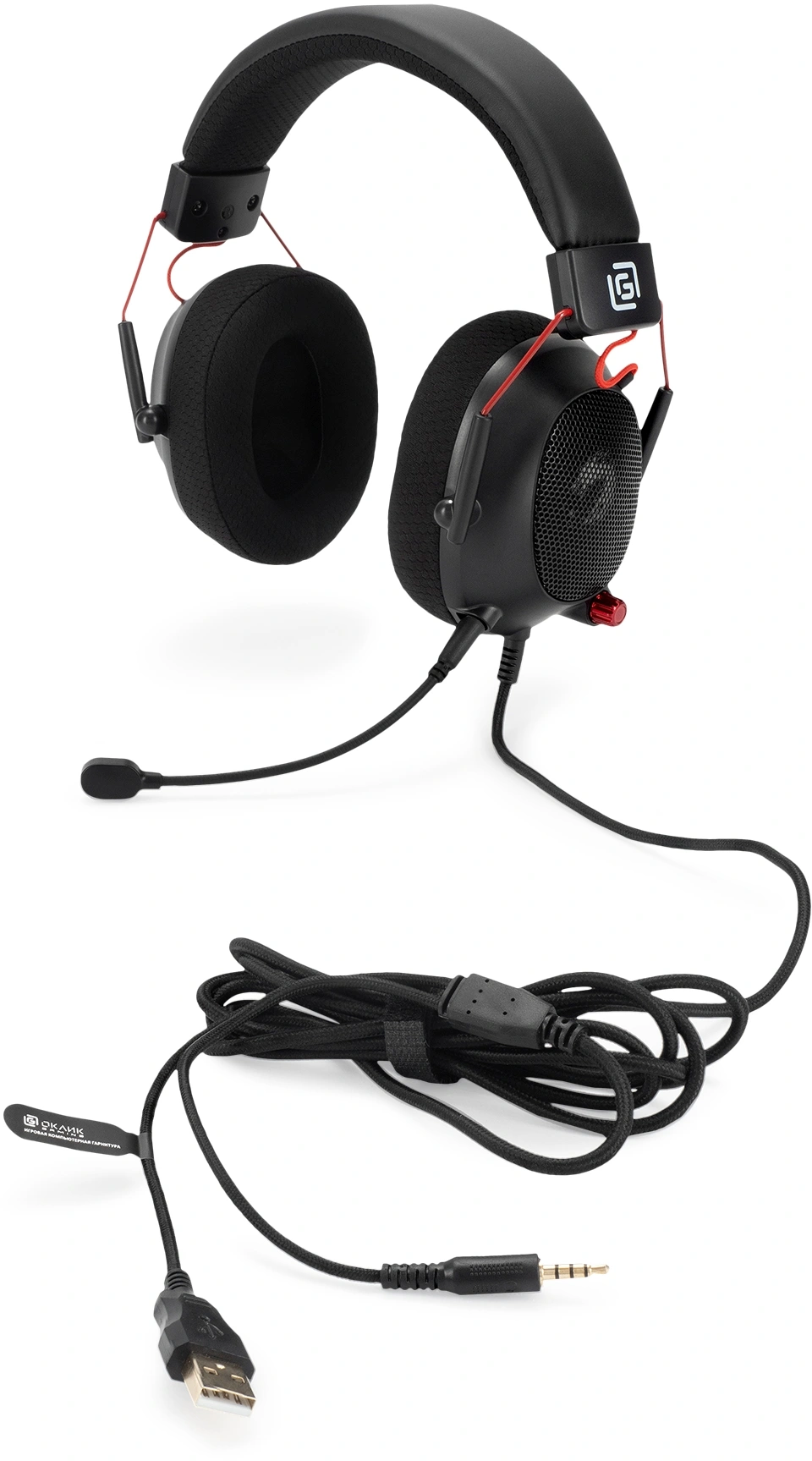 Наушники с микрофоном Оклик HS-L305G черный/красный 2м мониторные оголовье (2060511) — миниатюра 10