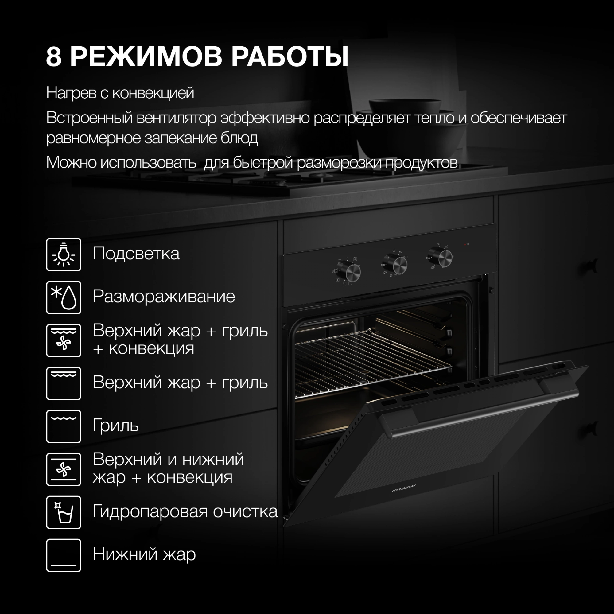 Духовой шкаф Электрический Hyundai HEO 6635 BG черный — миниатюра 21