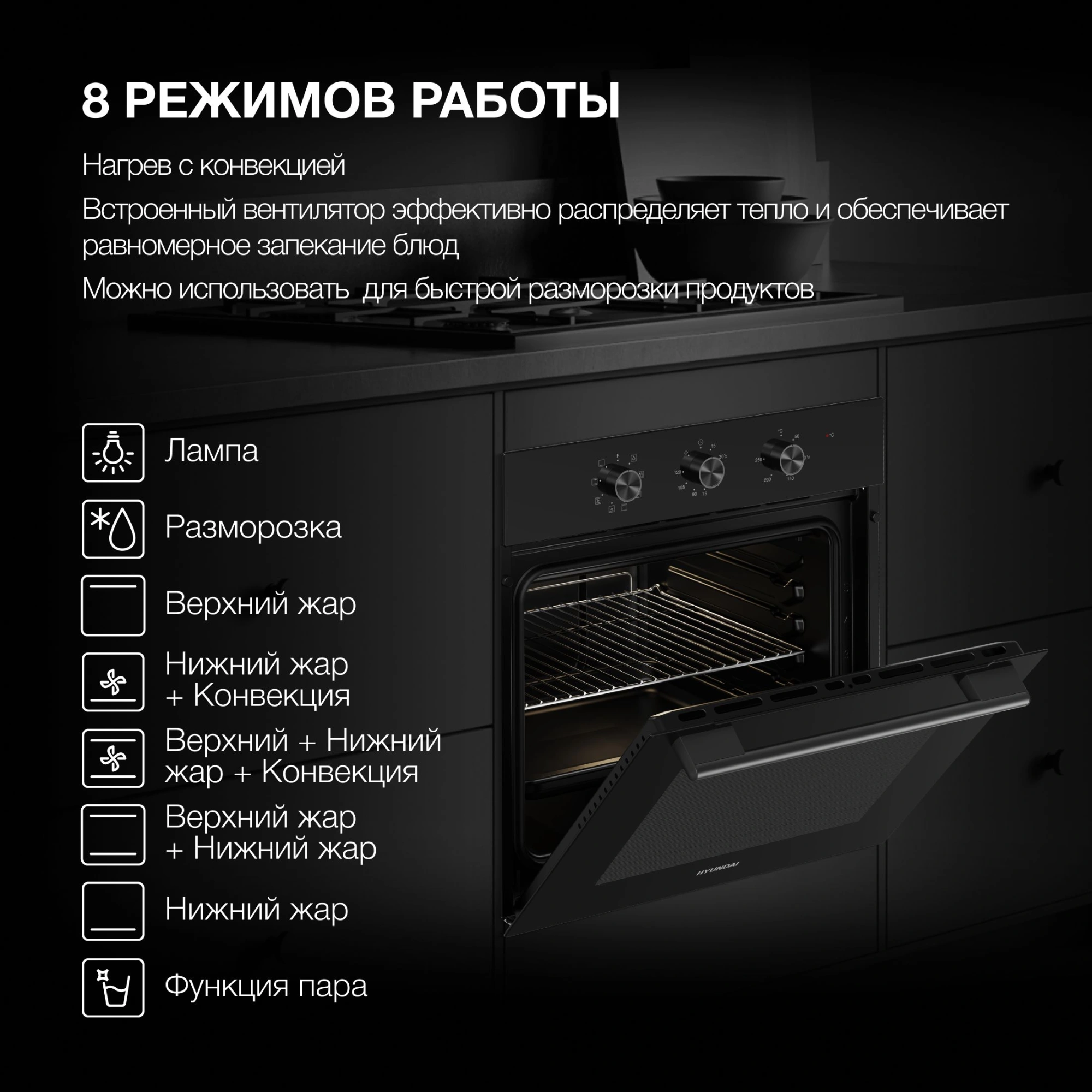 Духовой шкаф Электрический Hyundai HEO 66412 BG черный — миниатюра 22