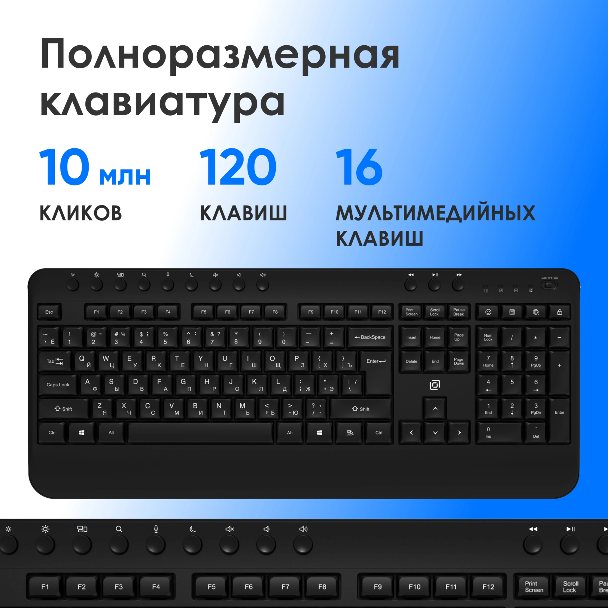 Клавиатура Оклик K257W черный USB беспроводная Multimedia (подставка для запястий) (2070286) — миниатюра 2