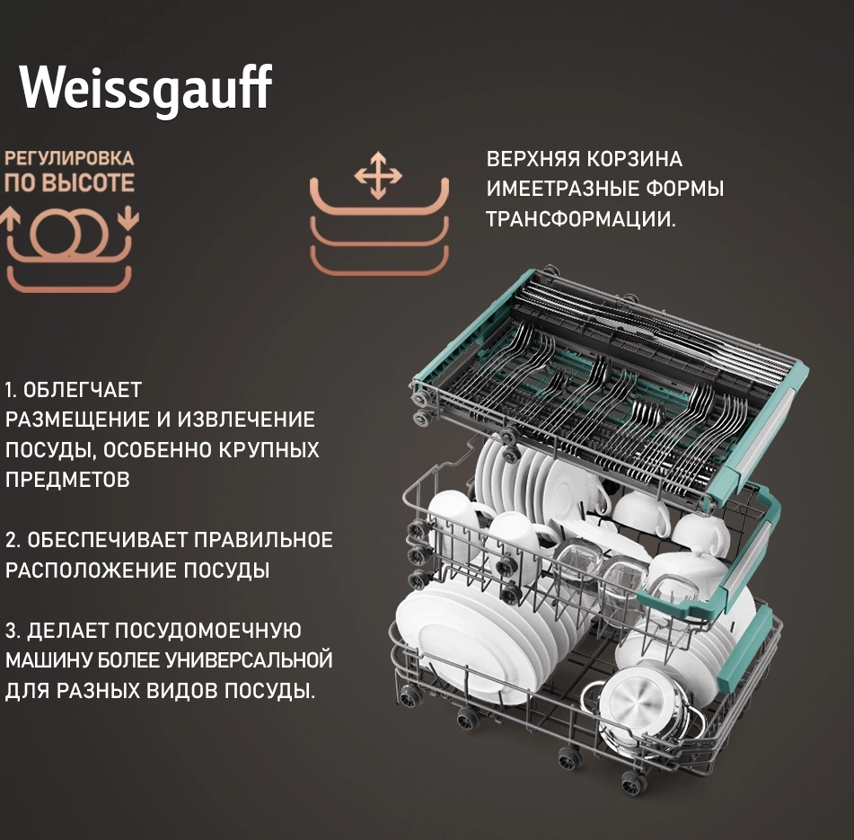 Посудомоечная машина Weissgauff DW 4539 белый (узкая) инвертор — миниатюра 19