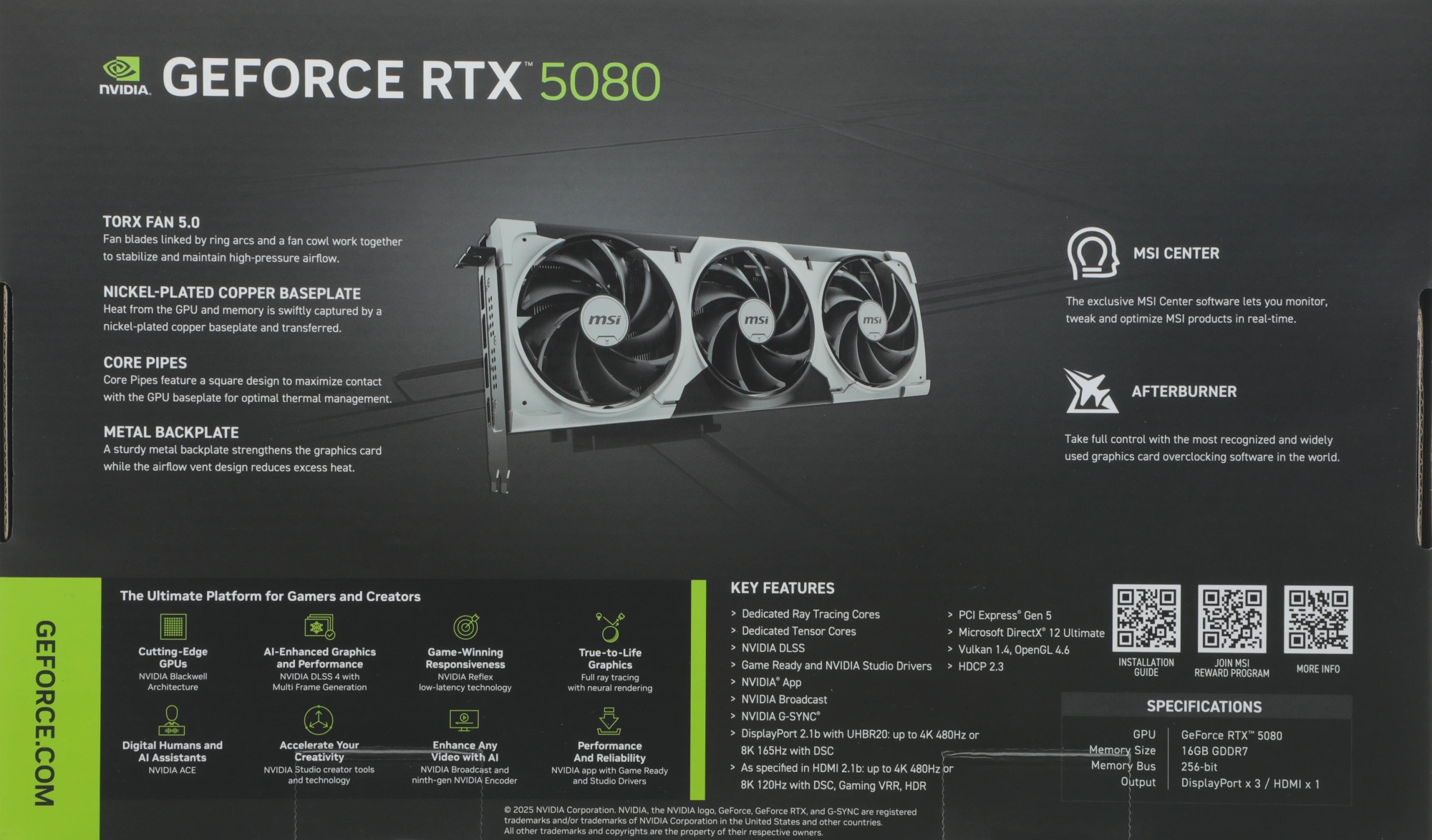 Видеокарта MSI PCI-E 5.0 RTX 5080 16G VENTUS 3X OC NVIDIA GeForce RTX 5080 16Gb 256bit GDDR7 2640/30000 HDMIx1 DPx3 HDCP Ret — миниатюра 4