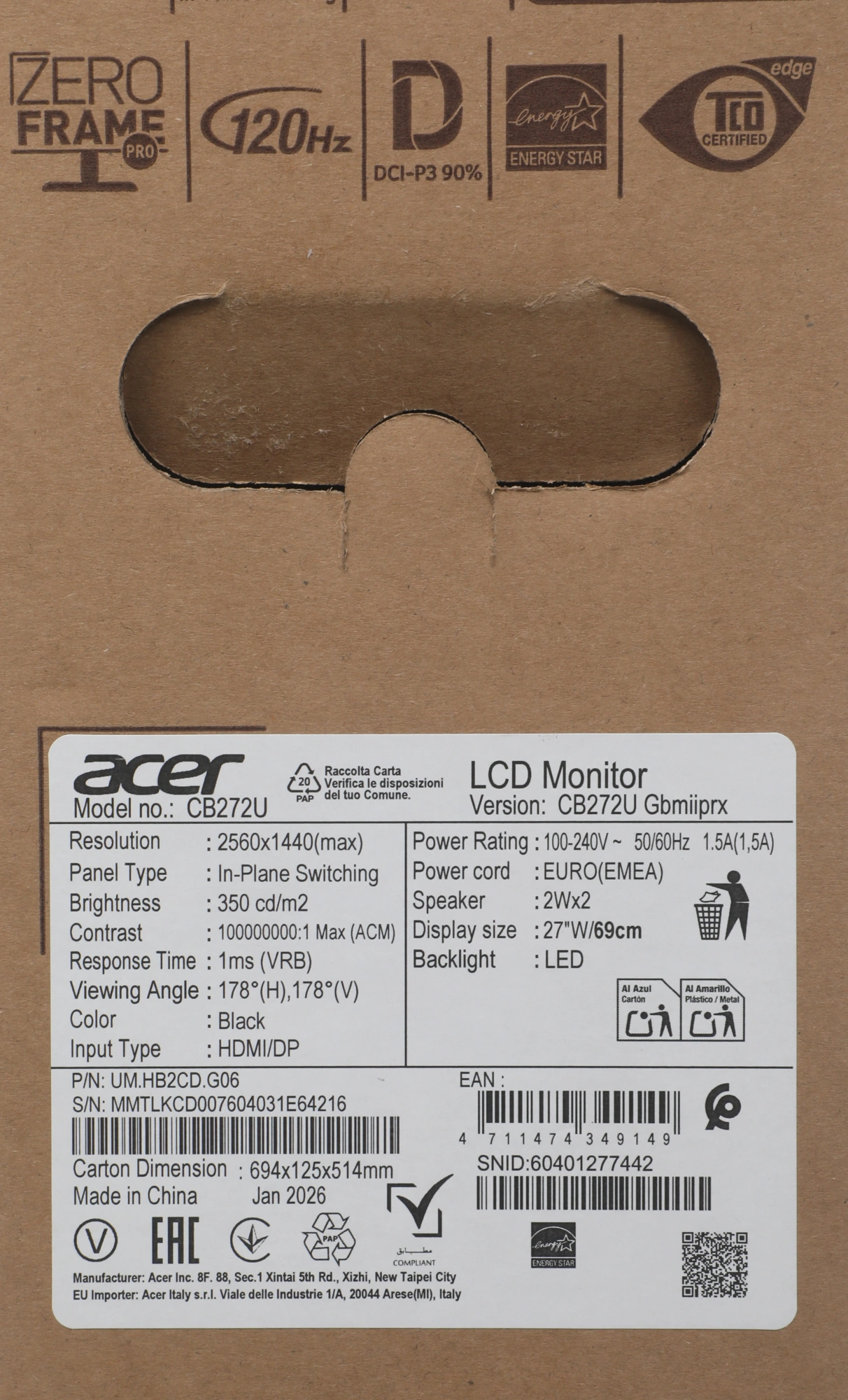 Монитор Acer 27" Vero CB272UGbmiiprx черный IPS LED 1ms 16:9 HDMI M/M матовая HAS Piv 350cd 178гр/178гр 2560x1440 120Hz FreeSync DP 2K 5.65кг — миниатюра 11