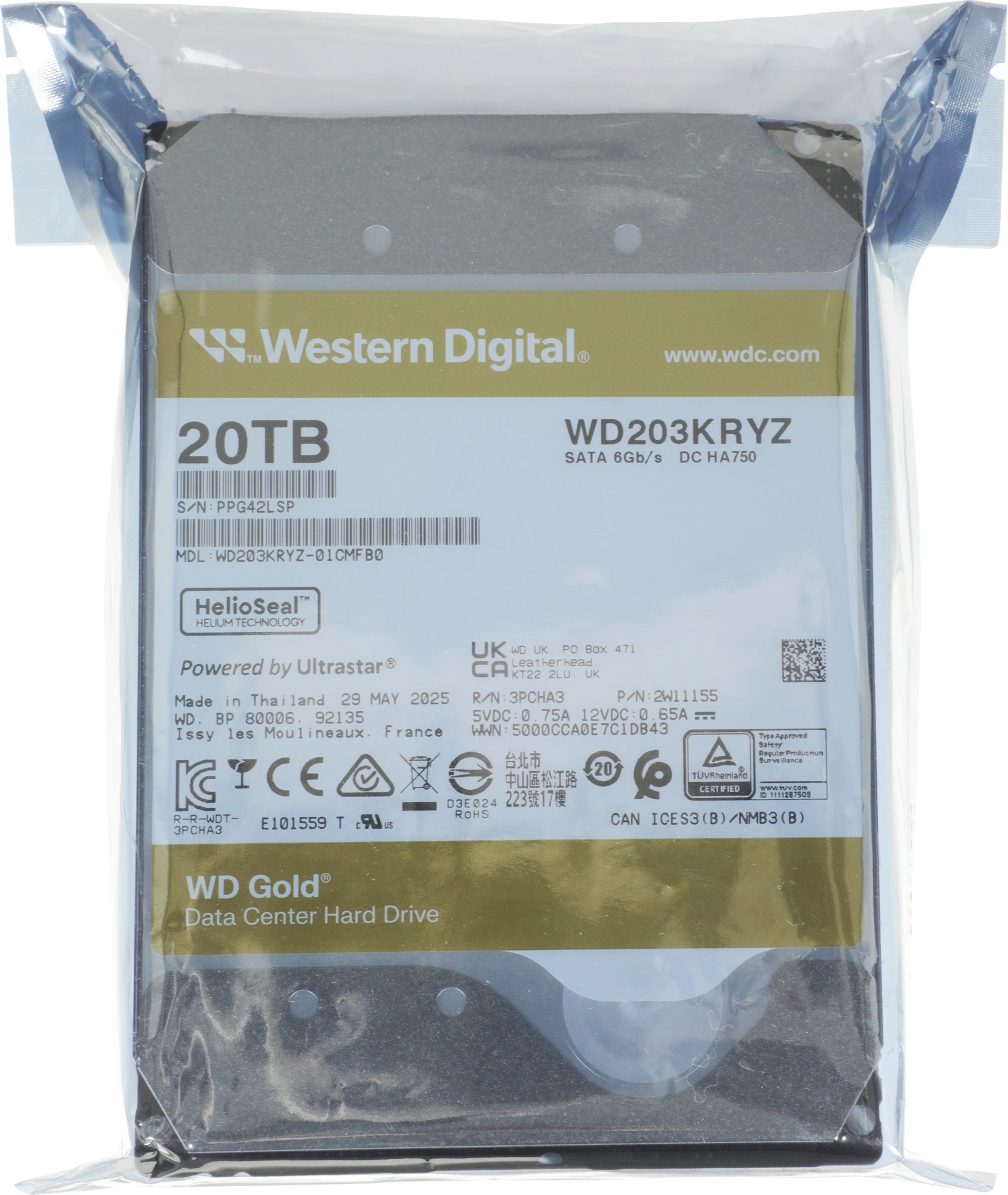 Жесткий диск WD SATA-III 20TB WD203KRYZ Server Gold 512E (7200rpm) 512Mb 3.5" — миниатюра 6