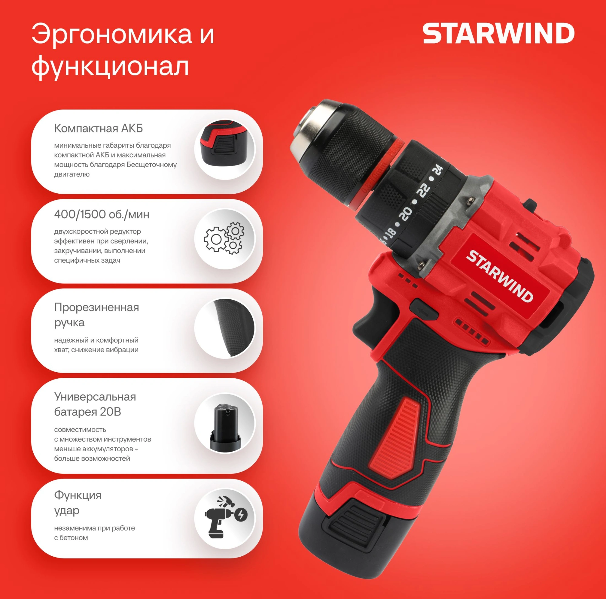 Дрель-шуруповерт Starwind CDBT16-2.0/2hs1 34Вт аккум. патрон:быстрозажимной (кейс в комплекте) — миниатюра 5