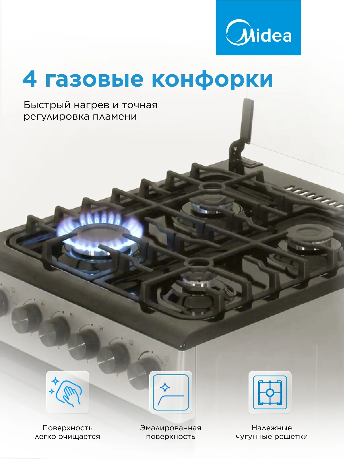 Плита Газовая Midea MFO-M4G20T0E(SL) серебристый/черный (стеклянная крышка) реш.чугун — миниатюра 28