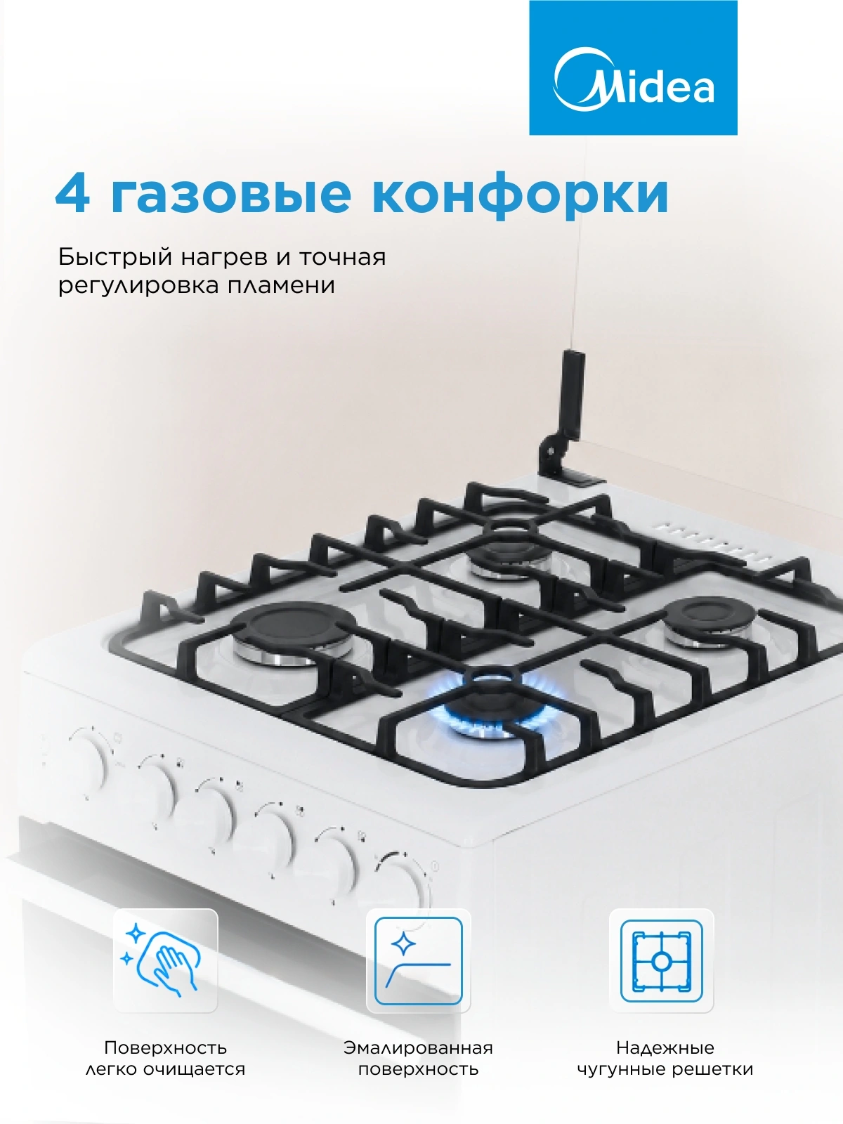 Плита Газовая Midea MFO-M4G20T0E(WH) белый/черный (стеклянная крышка) реш.чугун — миниатюра 28