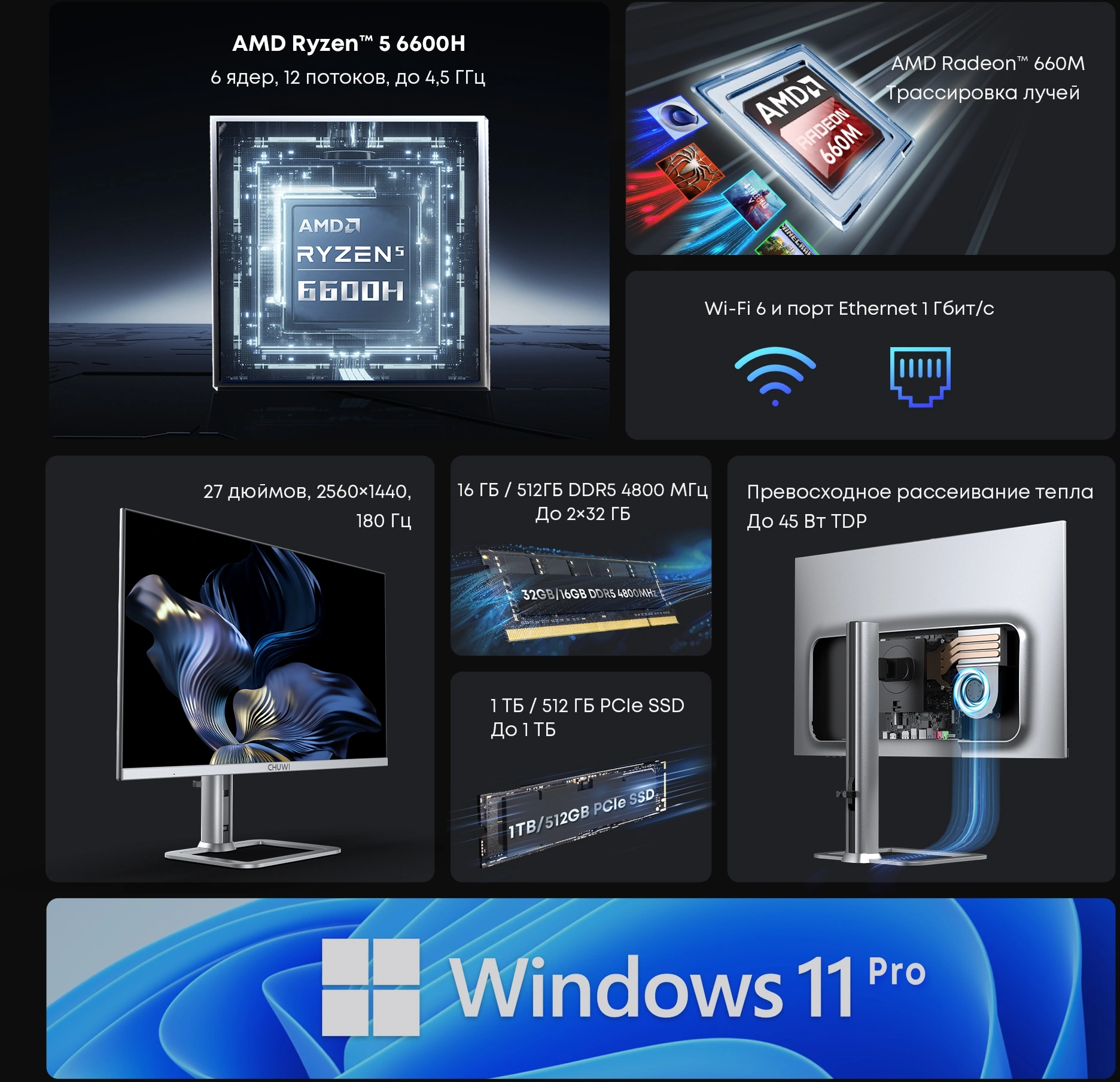 Моноблок Chuwi Unitech 27 27" 2K Ryzen 5 6600H (3.3) 16Gb SSD512Gb 660M Windows 11 Pro GbitEth WiFi BT 48W клавиатура мышь Cam серебристый/черный 2560x1440 — миниатюра 21