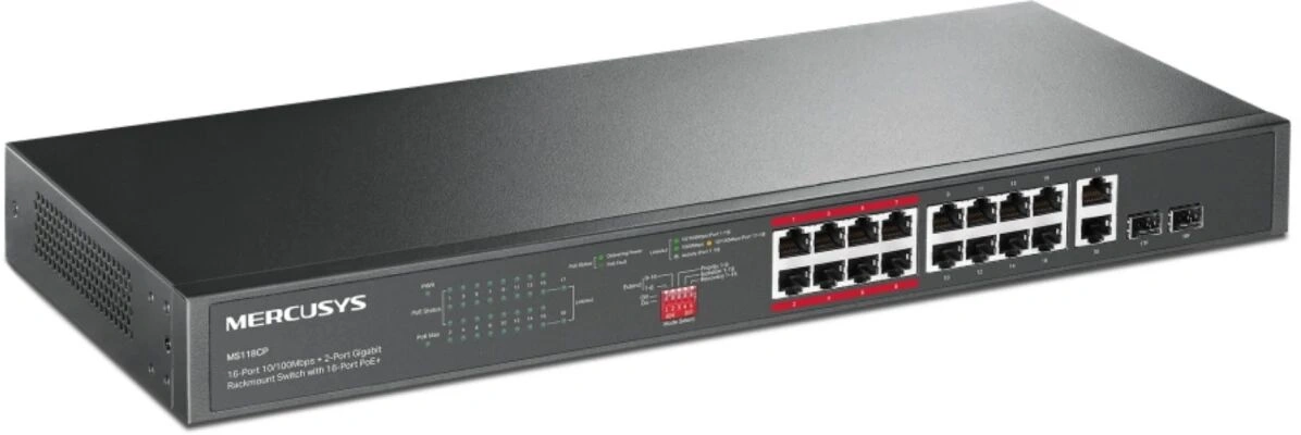Коммутатор Mercusys MS118CP (L2) 16x100Мбит/с 2x1Гбит/с 2xКомбо(1000BASE-T/SFP) 16PoE+ 190W неуправляемый — фото 1