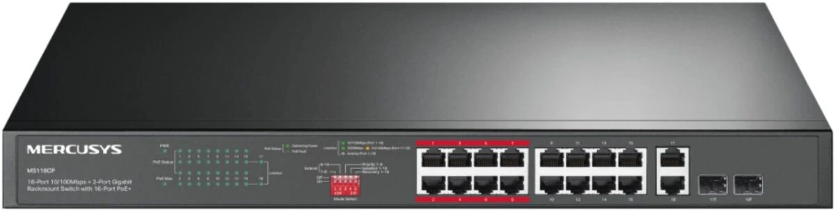 Коммутатор Mercusys MS118CP (L2) 16x100Мбит/с 2x1Гбит/с 2xКомбо(1000BASE-T/SFP) 16PoE+ 190W неуправляемый — миниатюра 2
