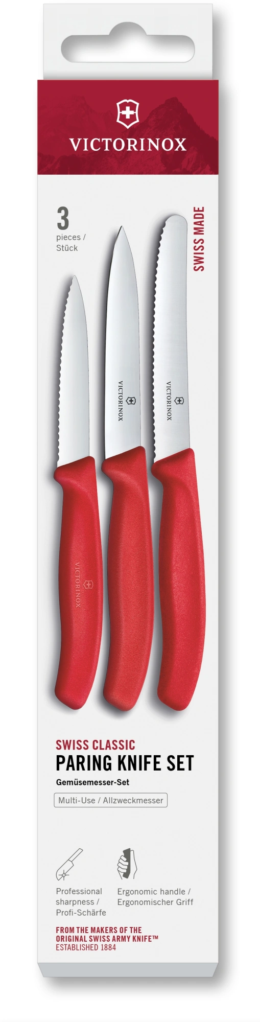 Набор ножей кухон. Victorinox Swiss Classic 6.7111.34C1 для овощей компл.:3предм. красный европодвес — фото 1