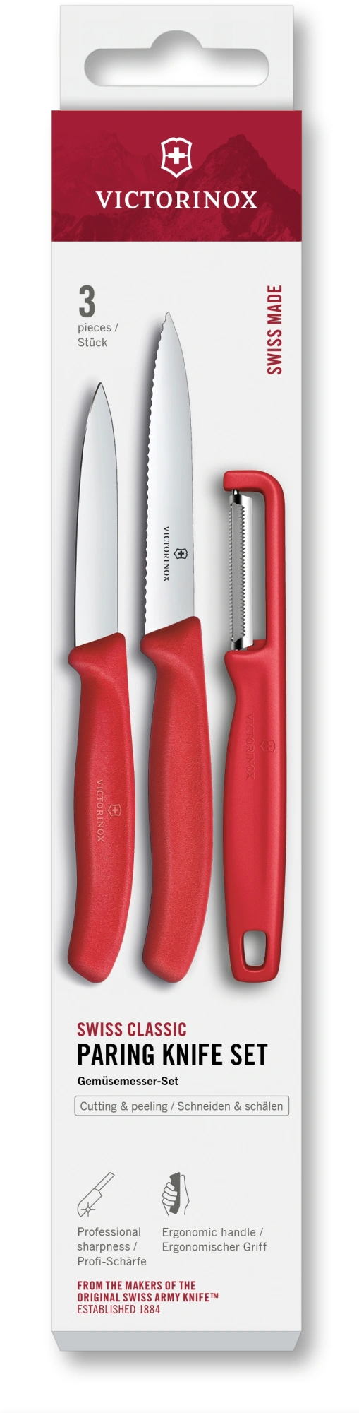 Набор ножей кухон. Victorinox Swiss Classic 6.7111.33C1 для овощей компл.:3предм. овощеч. красный европодвес — фото 1