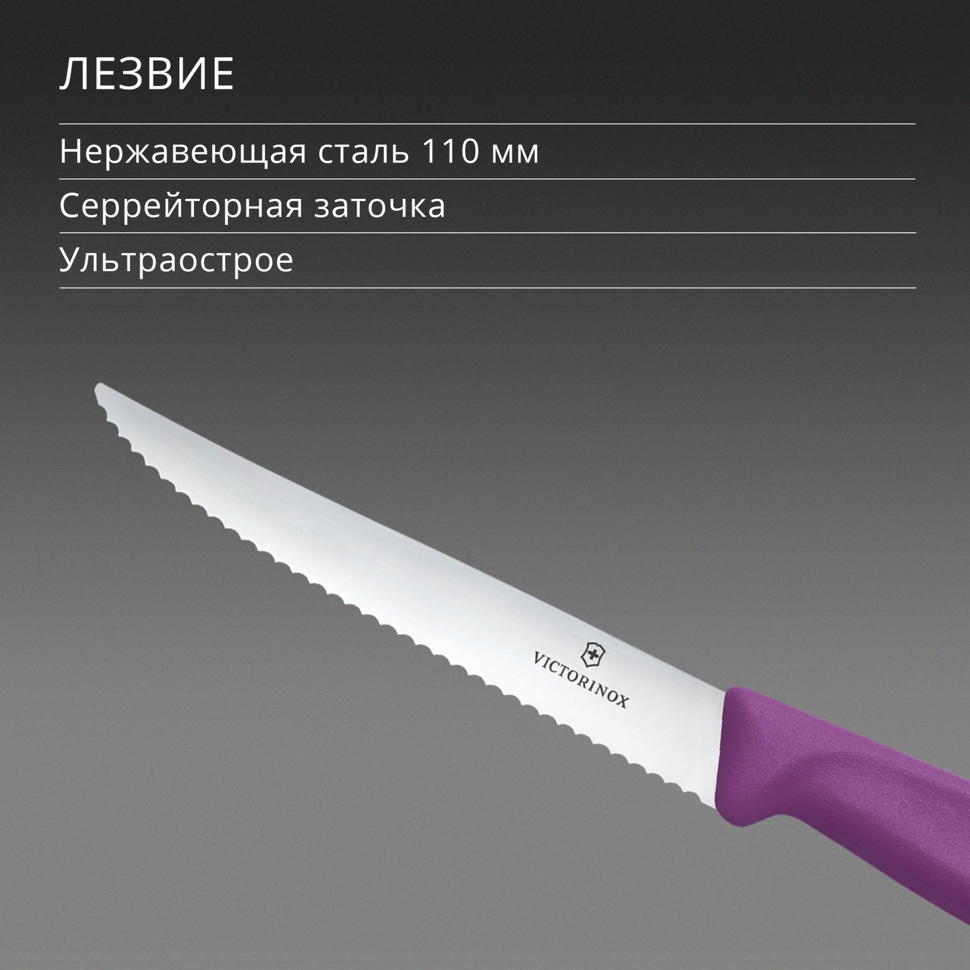 Нож кухонный Victorinox Swiss Classic 6.7235.C1 стальной универсальный для стейка/пиццы лезв.110мм серрейт. заточка пурпурный — миниатюра 4