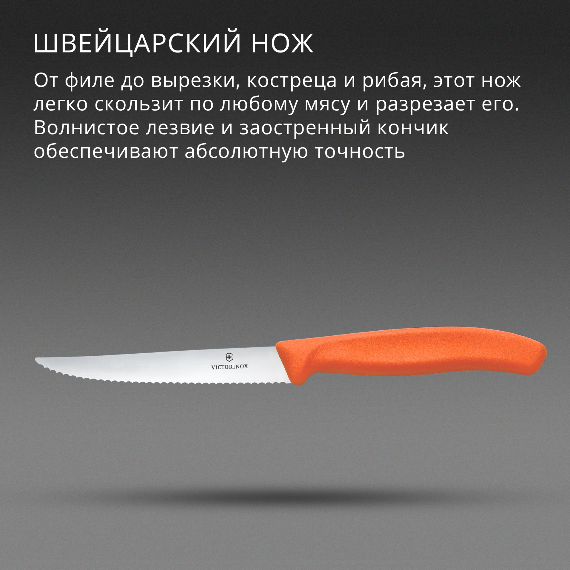 Нож кухонный Victorinox Swiss Classic 6.7239.C1 стальной универсальный для стейка/пиццы лезв.110мм серрейт. заточка оранжевый — миниатюра 3