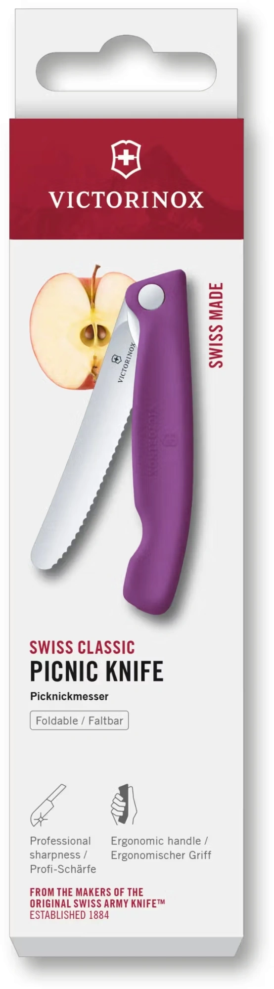 Нож кухонный Victorinox Swiss Classic 6.7835.FC1 стальной универсальный для овощей лезв.110мм серрейт. заточка пурпурный карт.коробка — фото 1
