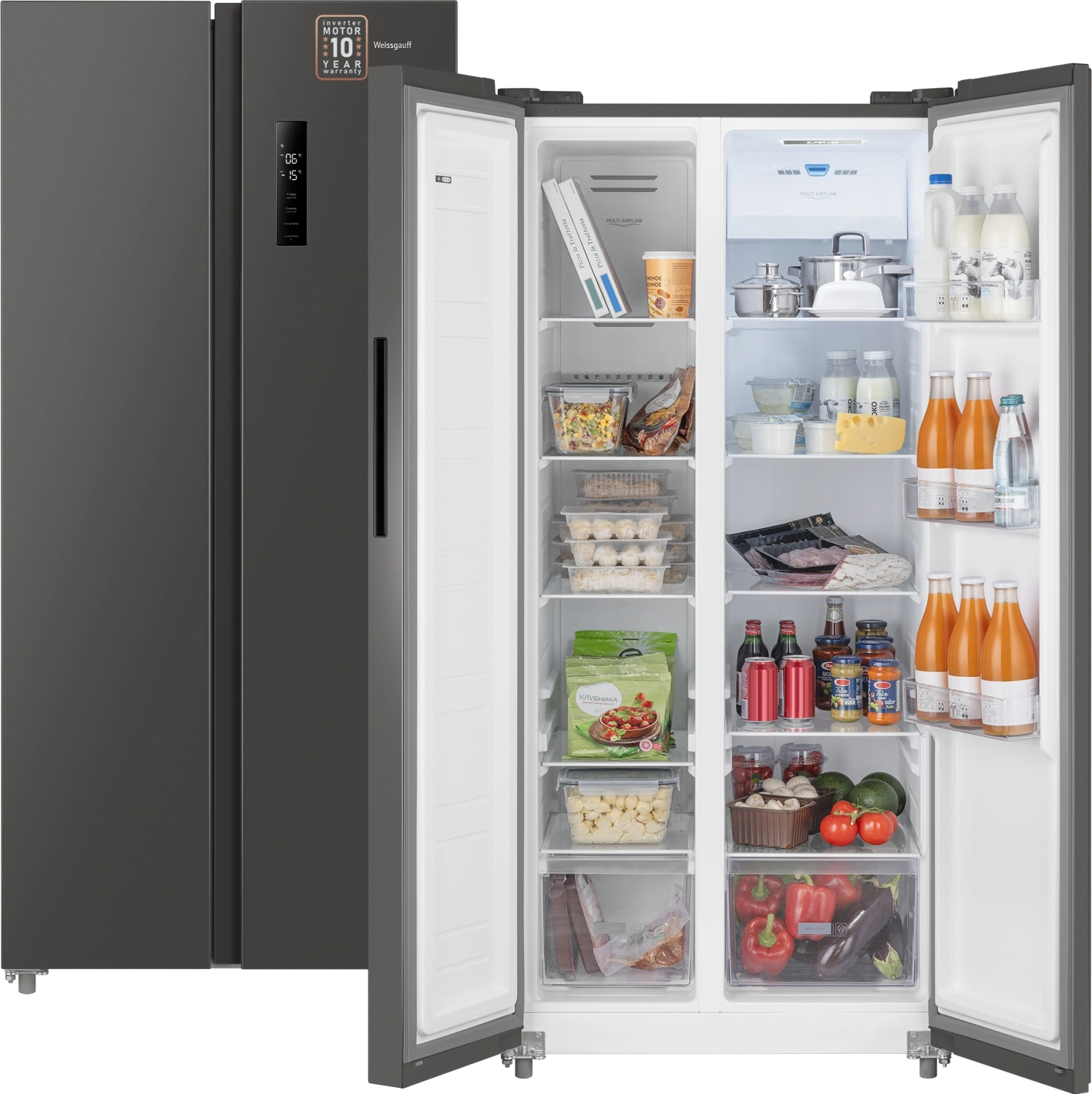 Холодильник Weissgauff WSBS 500 Inverter NoFrost Dark Grey 2-хкамерн. серый стекло инвертер — миниатюра 2