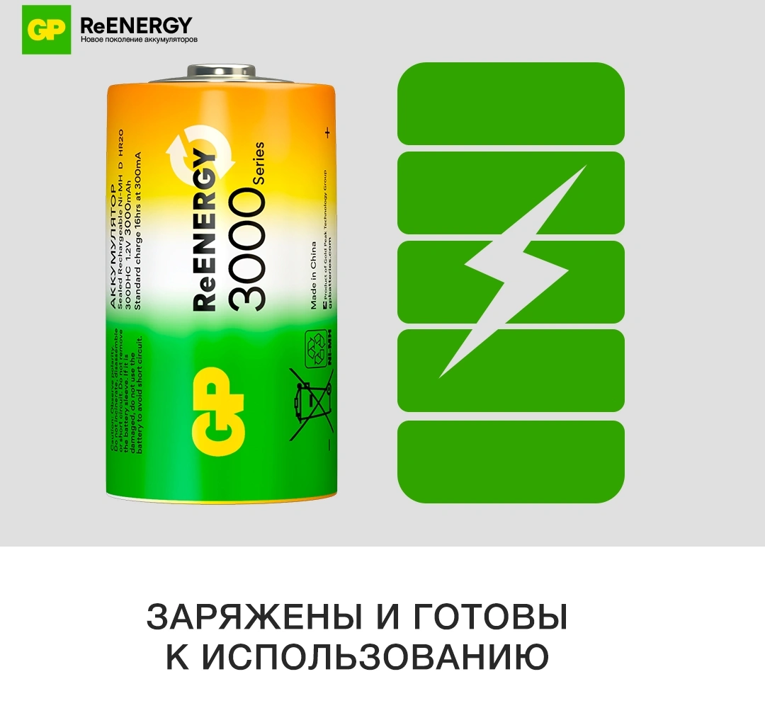 Аккумулятор GP 300DHC D NiMH 3000mAh (2шт) — миниатюра 5