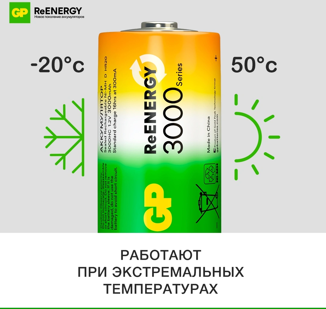 Аккумулятор GP 300DHC D NiMH 3000mAh (2шт) — миниатюра 6