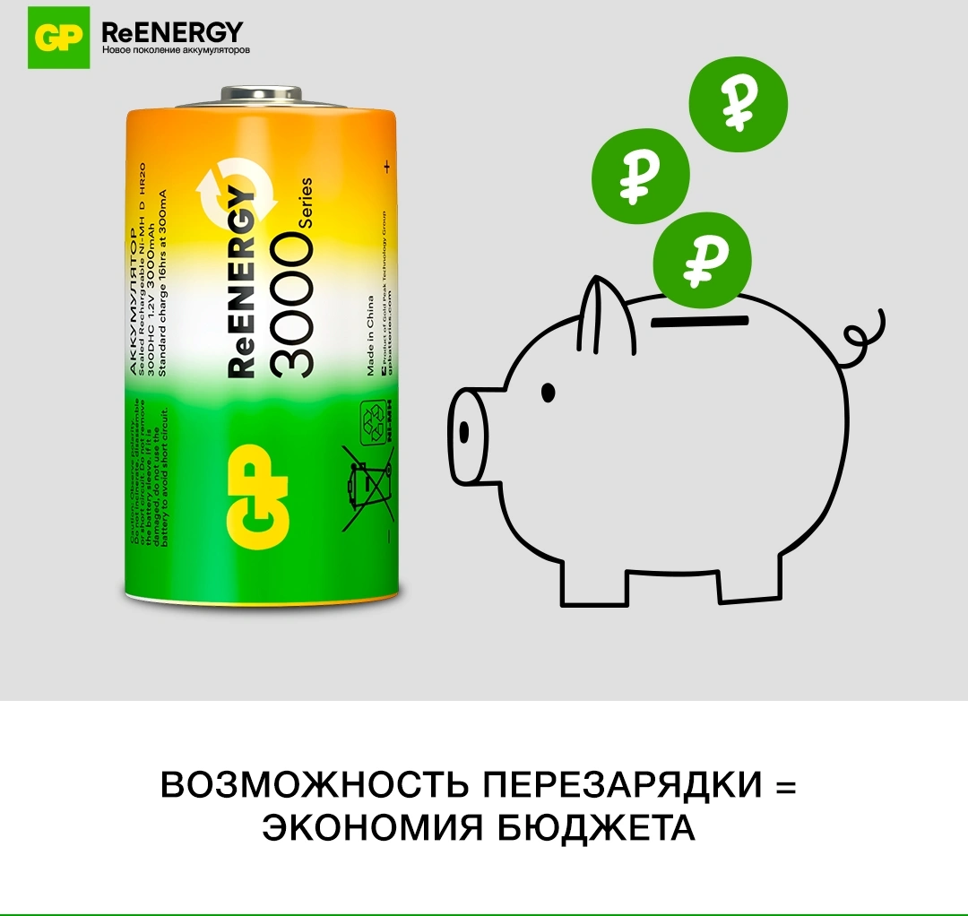 Аккумулятор GP 300DHC D NiMH 3000mAh (2шт) — миниатюра 9