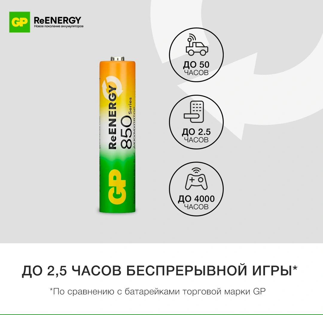 Аккумулятор GP 85AAAHCRGY-2CRCB2 AAA NiMH 850mAh (2шт) — миниатюра 8