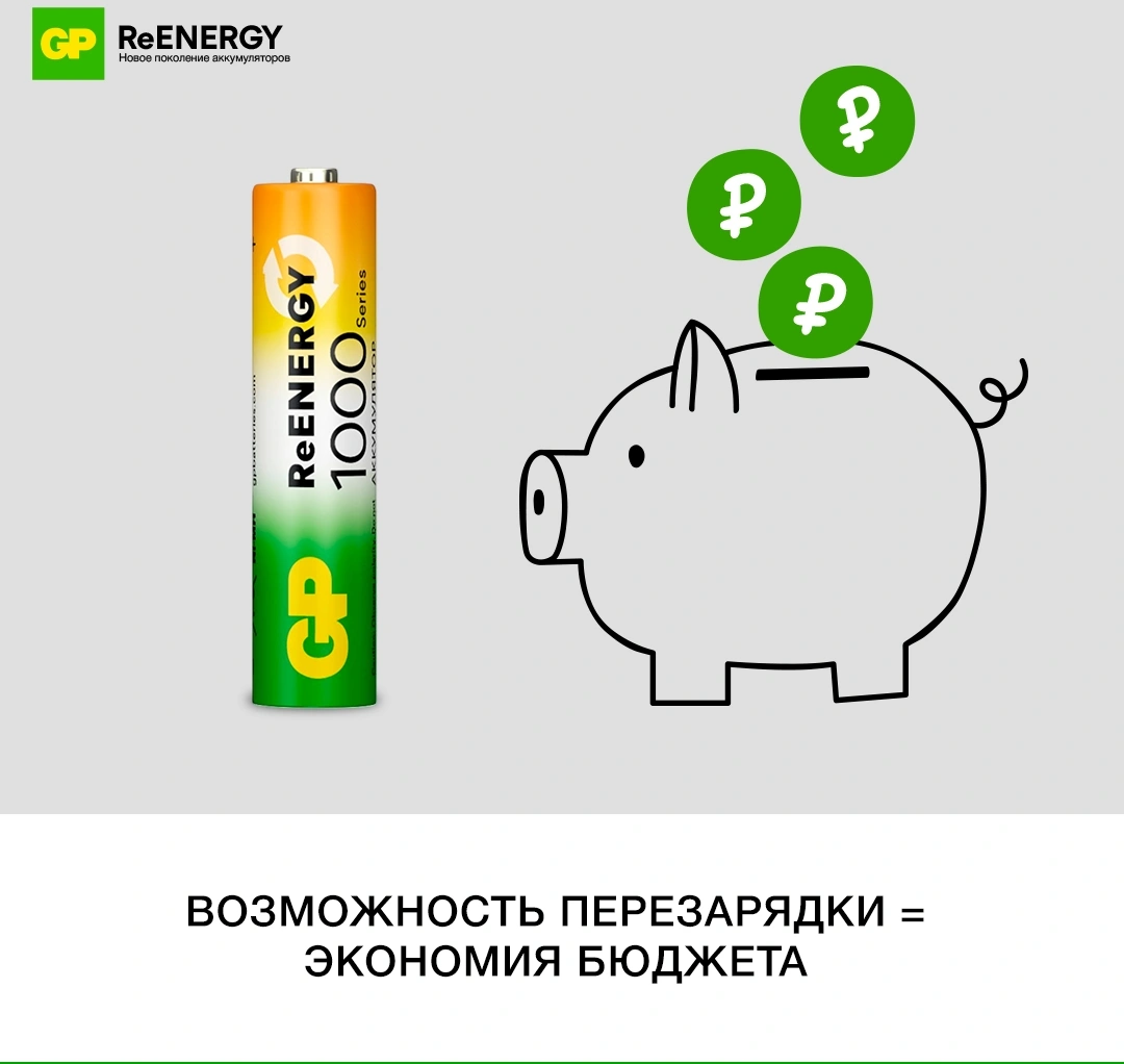 Аккумулятор GP 100AAAHCRGY-CRB10 AAA NiMH 1000mAh (10шт) блистер — миниатюра 7
